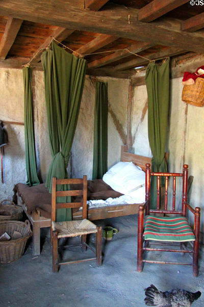 Household chairs & bed at Plimouth Plantation. Plymouth, MA.