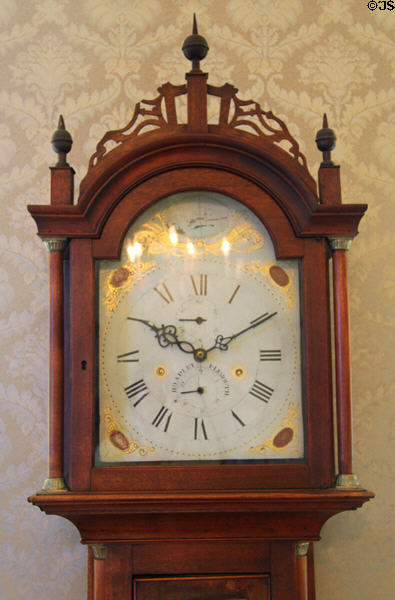Longcase clock face by S. Hoadley of Plymouth at Mayflower Society House. Plymouth, MA.
