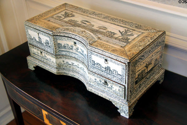 Box engraved with mansions & houses at Mayflower Society House. Plymouth, MA.