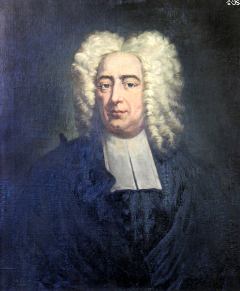 Portrait of Cotton Mather (1663-1728) clergyman known for role in Salem Witch Trials at Mayflower Society House. Plymouth, MA.