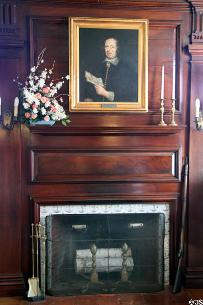 Card & tea room fireplace at Mayflower Society House. Plymouth, MA.