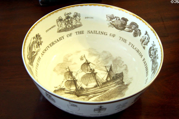Royal Worcester bowl (1970) marking 350th anniversary of sailing of Mayflower at Mayflower Society House. Plymouth, MA.