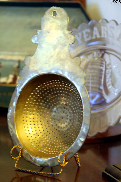 Antique strainer at Mayflower Society House. Plymouth, MA.