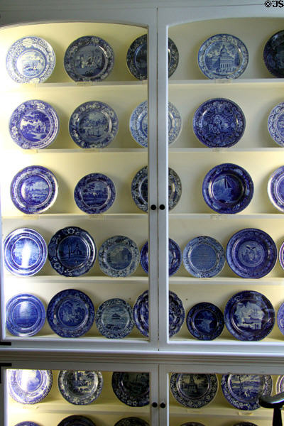 Collection of blue commemorative plates at Mayflower Society House. Plymouth, MA.
