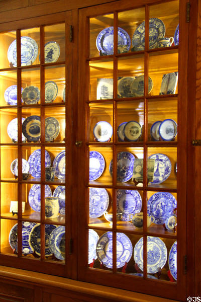 Collection of Pilgrim commemorative plates at Mayflower Society House. Plymouth, MA.