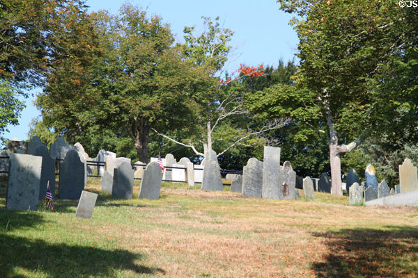 Plymouth burial hill with earliest stone from 1681 where earlier wooden crosses are now lost. Plymouth, MA.