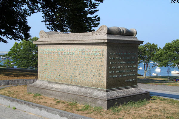 Monument marking first burying grounds of Mayflower passengers over Plymouth harbor. Plymouth, MA.