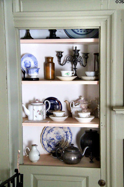 Collection of China in cabinet at Jabez Howland House. Plymouth, MA.