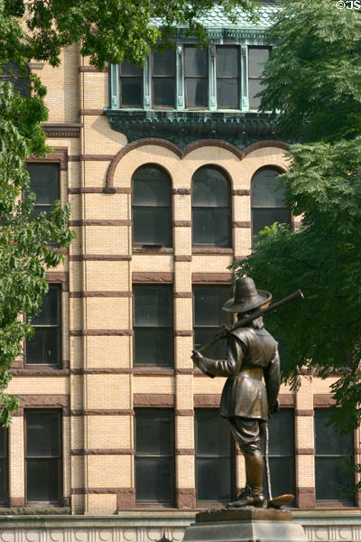 Statue of Pilgrim with blunderbuss before Court Square Building. Springfield, MA.