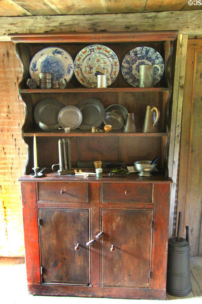 Cupboard with China & pewter plates at Hoxie House. Sandwich, MA.