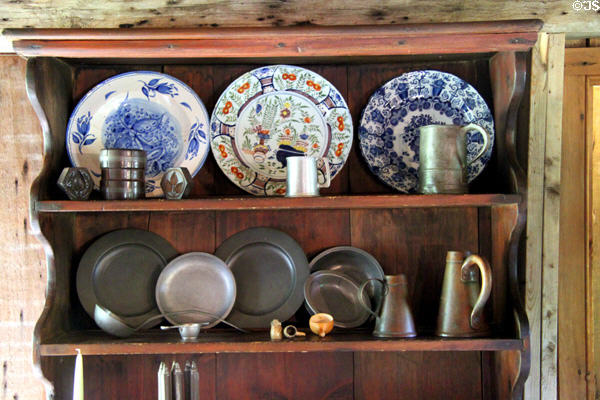 Cupboard with China & pewter plates at Hoxie House. Sandwich, MA.