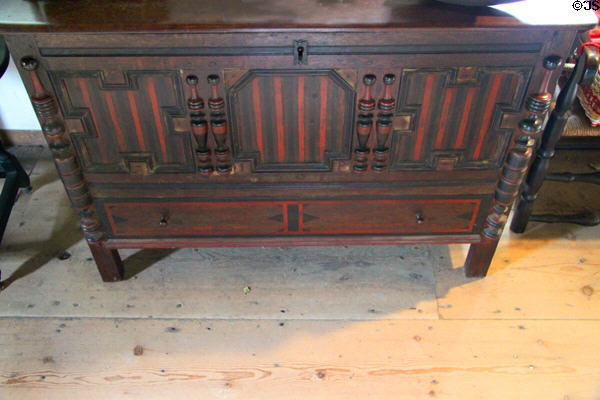 Painted chest with turned columns at Hoxie House. Sandwich, MA.