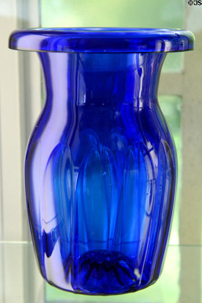 Mold-blown fluted blue glass vase (c1830-40) by Boston & Sandwich Glass Co. at Sandwich Glass Museum. Sandwich, MA.