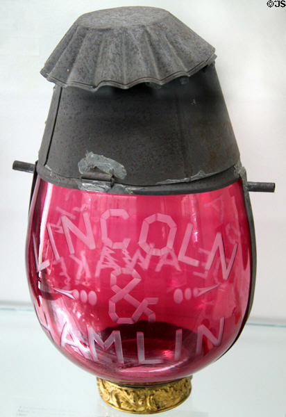 Cut overlay parade lantern for Lincoln & Hamlin (1860) by Boston & Sandwich Glass Co. at Sandwich Glass Museum. Sandwich, MA.