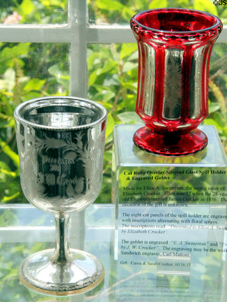 Silvered glass engraved goblet and spill holder (c1856) at Sandwich Glass Museum. Sandwich, MA.