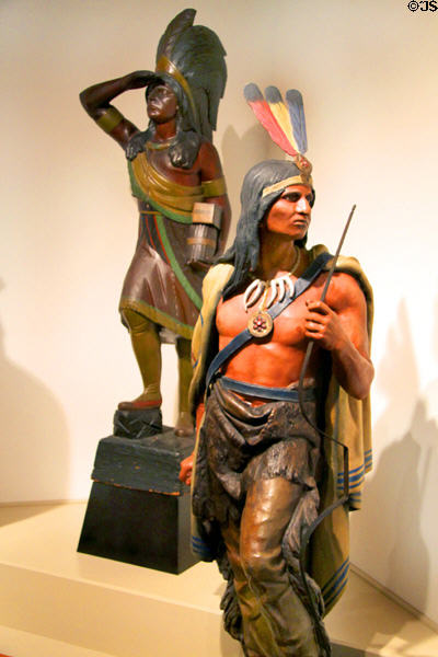 Native American painted wood cigar store figure (c1870-90) & painted zinc Indian Chief (c1872) by William Demuth of New York at Heritage Plantation. Sandwich, MA.