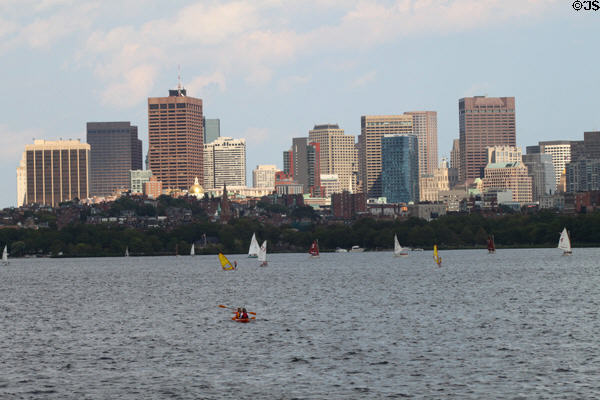 Skyline of skyscrapers of downtown Boston above Charles River Basin. Boston, MA.