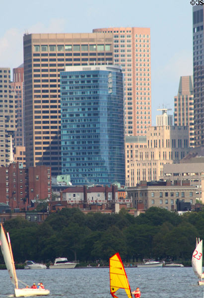Blue 33 Arch St. (2004) (33 floors), One Federal St. (1975) (38 floors), pinkish One International Place (1987) (46 floors), on Boston downtown skyline. Boston, MA.