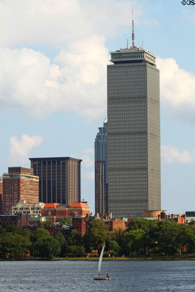 Back Bay skyline & Prudential Tower (1964) (52 floors) over Charles River. Boston, MA.