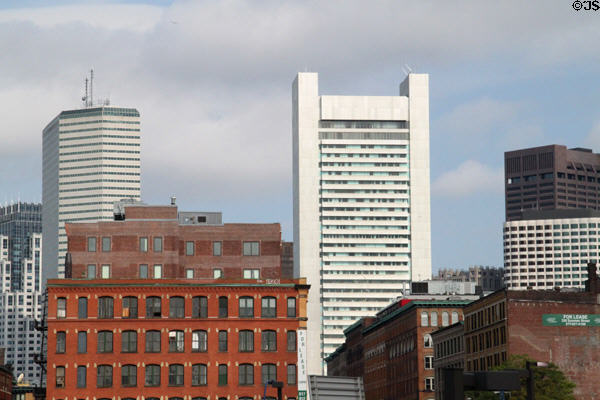 One Financial Center & Federal Reserve Bank Building over Boston Wharf heritage buildings. Boston, MA.