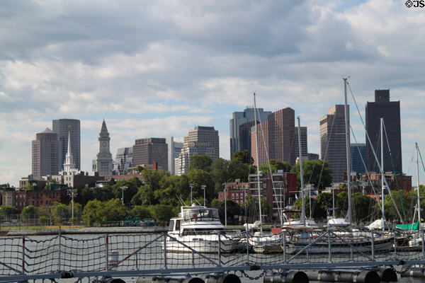 Skyline of downtown Boston from USS Constitution. Boston, MA.