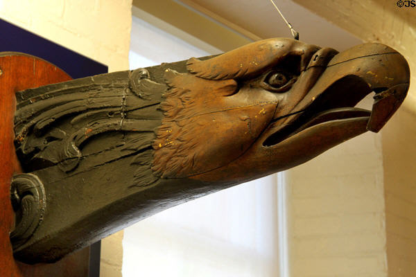 Figurehead from USS Nightingale (1851) seized in 1861 for illegal slave trading & then used during Civil War at Park Service Visitor Center for USS Constitution. Boston, MA.