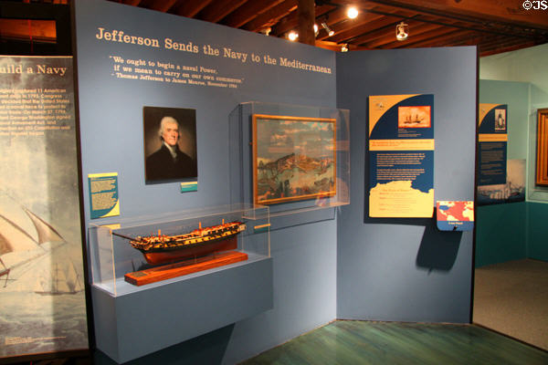 Display about Jefferson sending Navy to Mediterranean to fight pirates at USS Constitution Museum. Boston, MA.