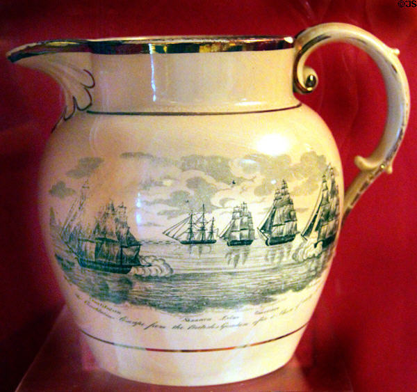 Pitcher (early 19thC) with Constitution's escape from British Squadron after a chase of 60 hours by Cyane & Levant at USS Constitution Museum. Boston, MA.