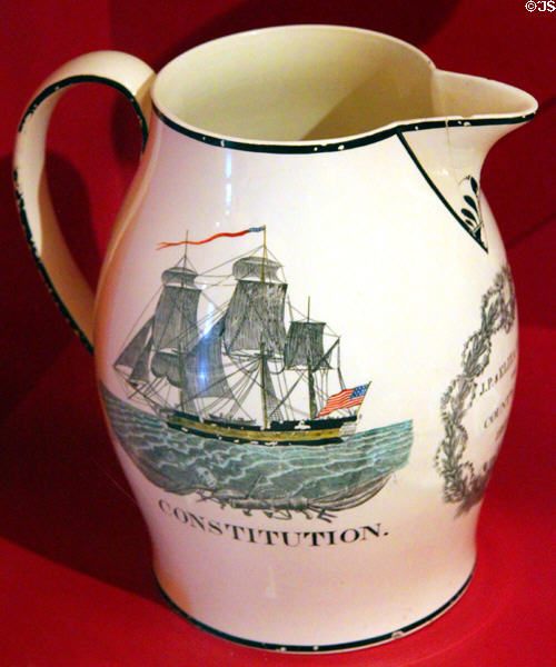 Pitcher (1815-25) of USS Constitution by Herculaneum Pottery at USS Constitution Museum. Boston, MA.