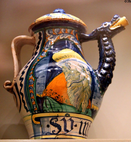 Italian drug jar (c1540-50) tin-glazed earthenware at Museum of Fine Arts. Boston, MA.