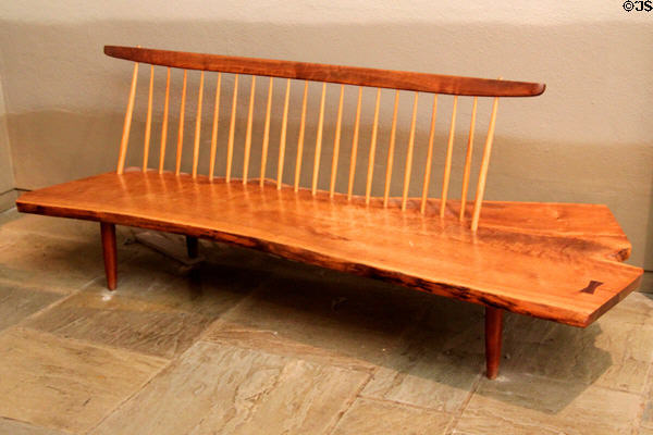 Wooden bench with spindled back (1979) by George Nakeshima of Pennsylvania at Museum of Fine Arts. Boston, MA.