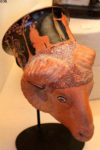 Ancient Greek red-figured ram's head rhyton (c450 BCE) at Museum of Fine Arts. Boston, MA.