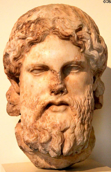 Carved stone head of Zeus (c350-340 BCE) from Greek area of Mylasa, Turkey at Museum of Fine Arts. Boston, MA.