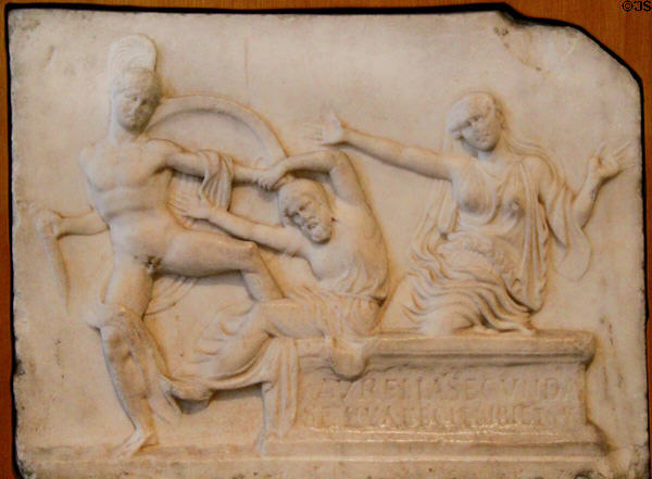 Roman carved marble relief of Death of Priam (c50 BCE-50 CE) from Fiesole at Museum of Fine Arts. Boston, MA.