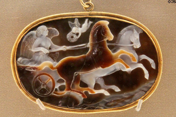 Roman cameo of Victory driving chariot with Eros (31 BCE-14 CE) at Museum of Fine Arts. Boston, MA.