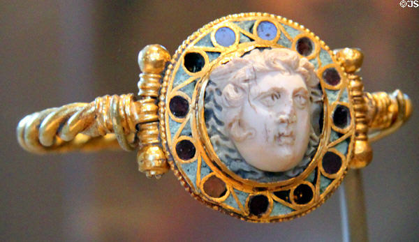 Roman cameo of medusa (1st or 2nd C CE) in Byzantine ring (5thC) at Museum of Fine Arts. Boston, MA.