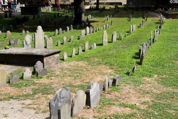 Rows of headstones at Granary Burying Ground (est. 1660) beside Park Street Church. Boston, MA.