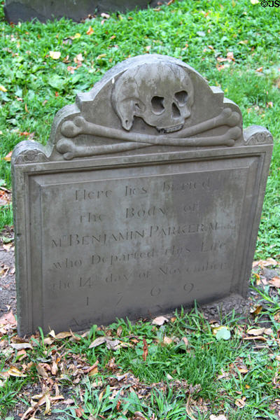 Headstone with skull & crossbones (1709) at Granary Burying Ground. Boston, MA.