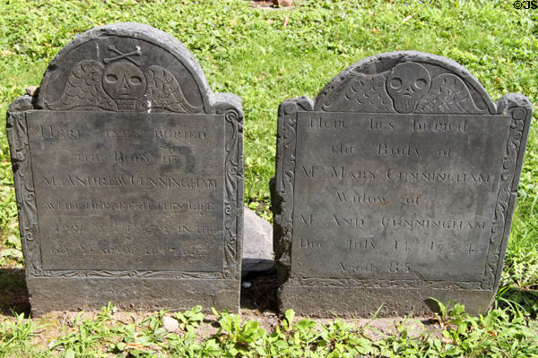 Pair of tombstones with winged skulls (1752 & 74) at Granary Burying Ground. Boston, MA.