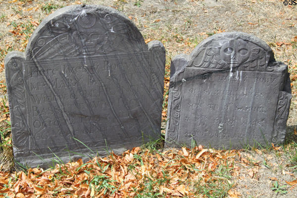 Tombstones with death heads (1740s) on Copp's Hill Burial Ground. Boston, MA.