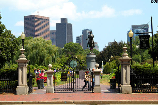 Boston Public Garden fence, George Washington Equestrian Statue & Boston skyline. Boston, MA.