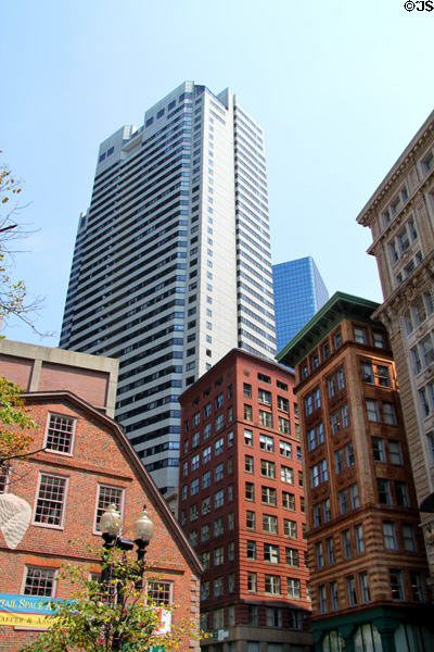 One Devonshire Place (1983) (42 floors) over Washington St. heritage commercial buildings. Boston, MA.