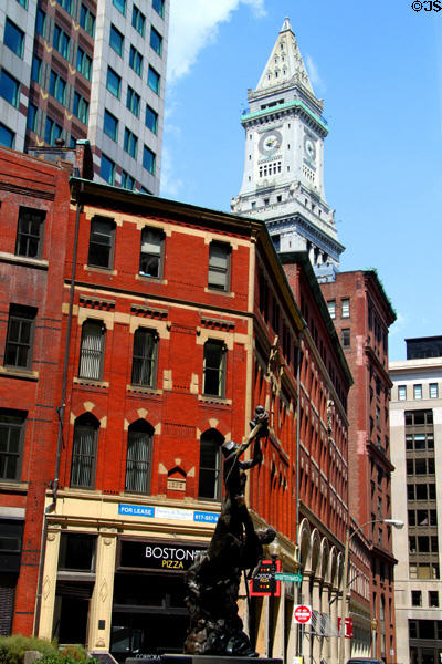 Batterymarch St. heritage streetscape with red corner building (1873) & Custom House Tower. Boston, MA.