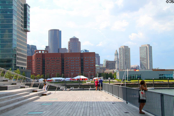 Boardwalk at Institute of Contemporary Art with Boston skyline beyond. Boston, MA.