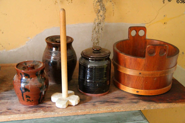 Ceramic vessels & wooden tub at Hartwell Tavern at Minute Men National Historical Park. Concord, MA.