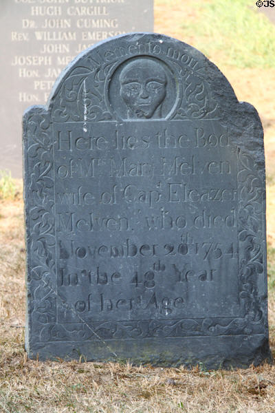 Tombstone (1754) in Old Hill Burying Ground on Monument Sq. Concord, MA.