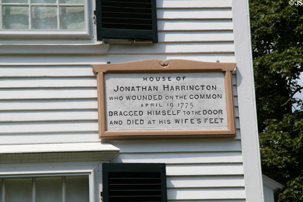 Sign on House of Jonathan Harrington, who wounded on the Common (April 19, 1775) dragged himself to the door & died at his wife's feet. Lexington, MA.