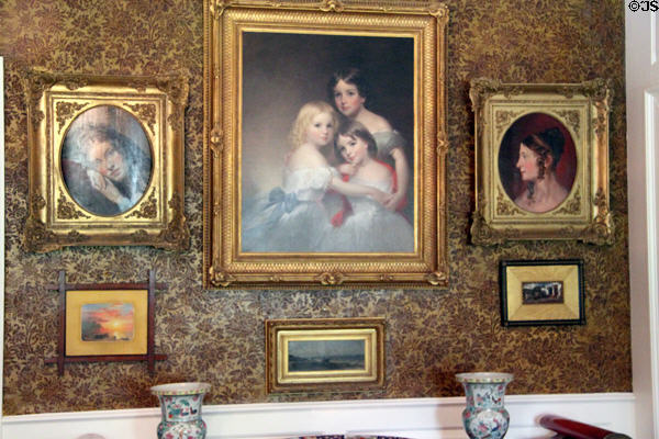 Portraits of Fanny & Mary Appleton flanking three Longfellow daughters at Longfellow National Historic Site. Cambridge, MA.