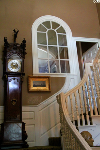 Dutch clock (18thC) acquired by Longfellow (1877) & original stair landing window (1759) at Longfellow National Historic Site. Cambridge, MA.