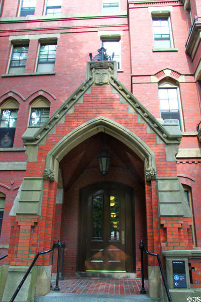 Entrance of Matthews Hall at Harvard College. Cambridge, MA.